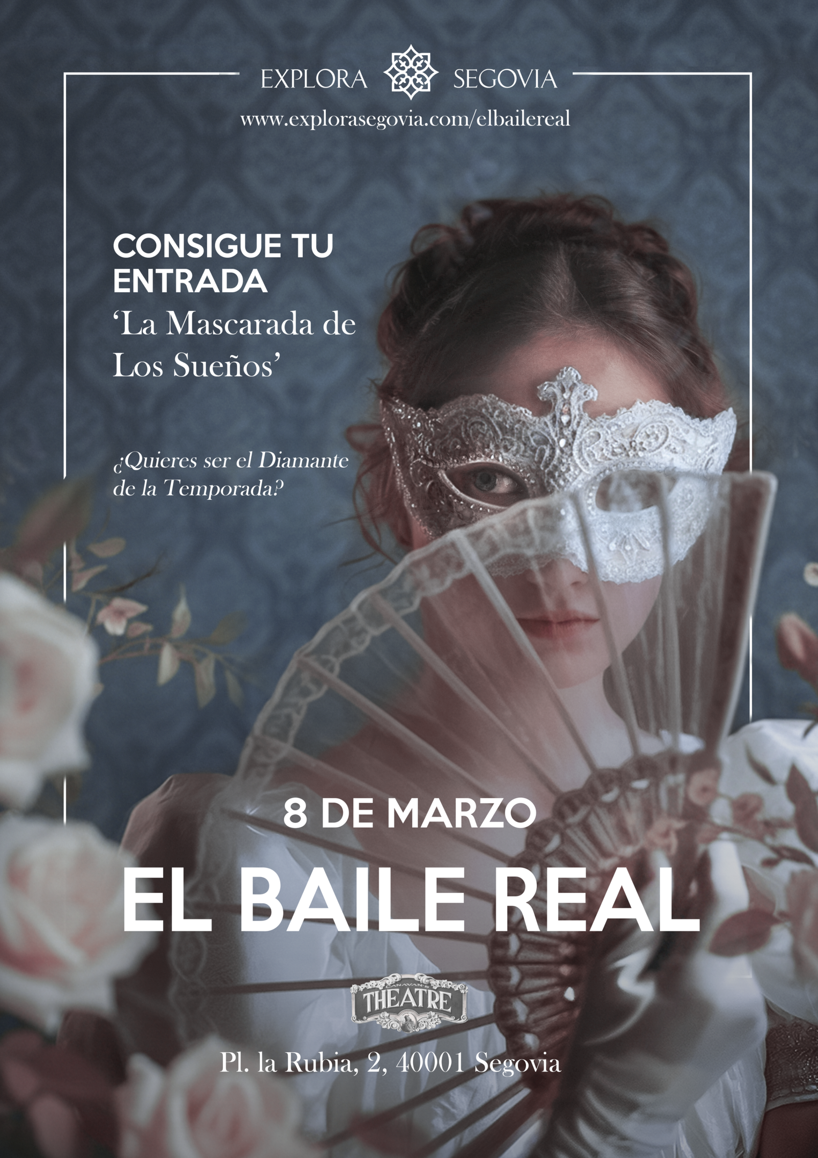 Baile real, chica con abanico en un entorno de regencia